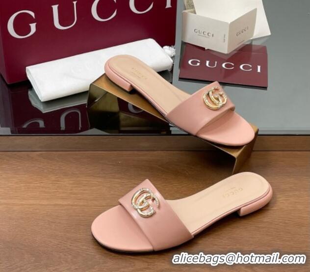 Unique Style Gucci Leather Flat Slides Sandal with Strass Double G Light Pink 2025 GG042301