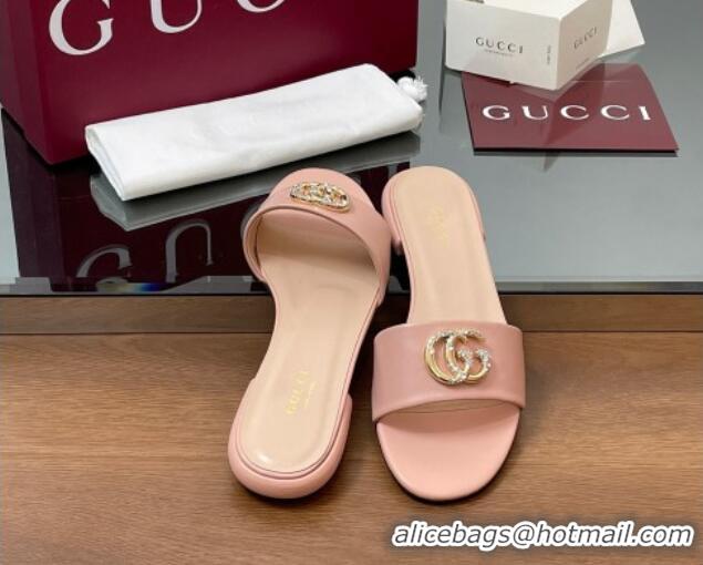 Unique Style Gucci Leather Flat Slides Sandal with Strass Double G Light Pink 2025 GG042301