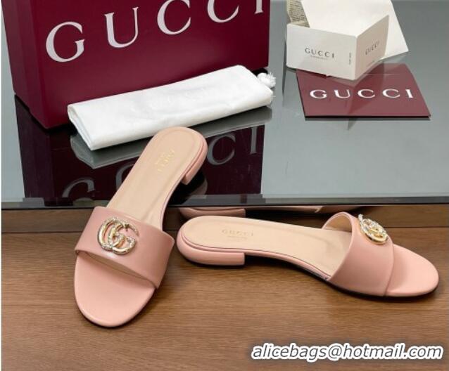 Unique Style Gucci Leather Flat Slides Sandal with Strass Double G Light Pink 2025 GG042301