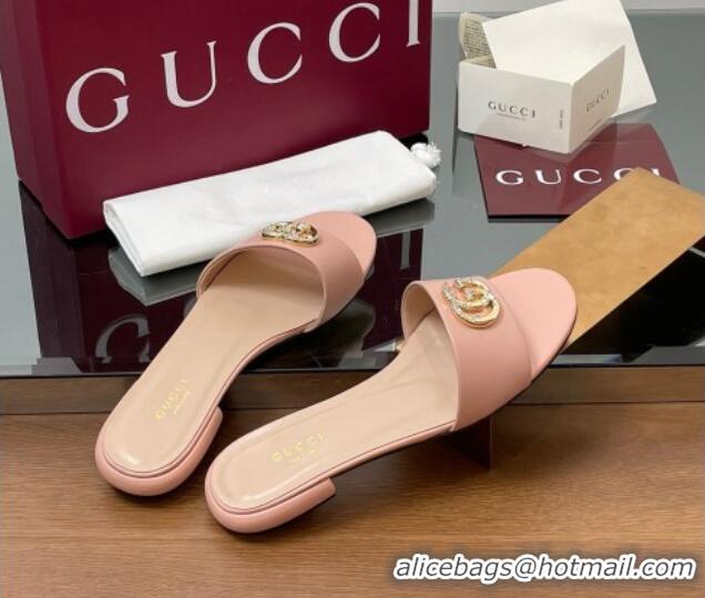 Unique Style Gucci Leather Flat Slides Sandal with Strass Double G Light Pink 2025 GG042301