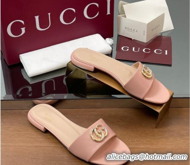 Unique Style Gucci Leather Flat Slides Sandal with Strass Double G Light Pink 2025 GG042301