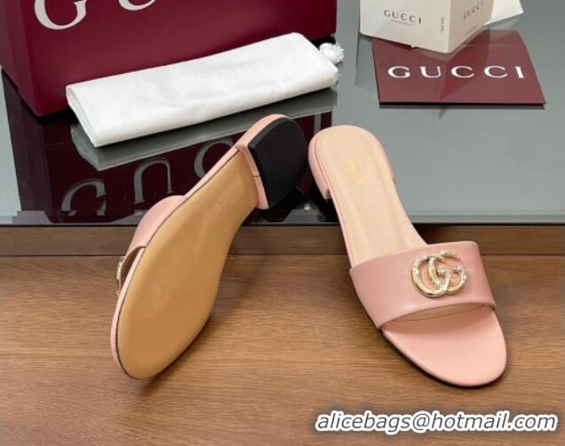 Unique Style Gucci Leather Flat Slides Sandal with Strass Double G Light Pink 2025 GG042301