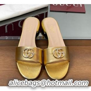 Good Looking Gucci Leather Flat Slides Sandal with Strass Double G Gold 2025 GG042301