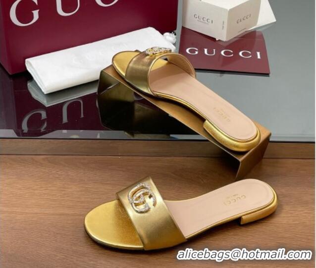 Good Looking Gucci Leather Flat Slides Sandal with Strass Double G Gold 2025 GG042301