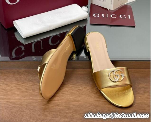 Good Looking Gucci Leather Flat Slides Sandal with Strass Double G Gold 2025 GG042301
