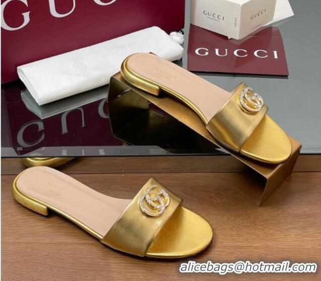 Good Looking Gucci Leather Flat Slides Sandal with Strass Double G Gold 2025 GG042301