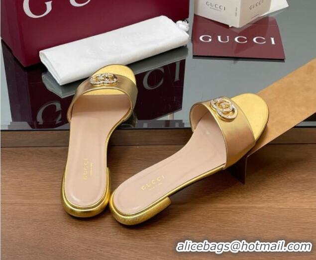 Good Looking Gucci Leather Flat Slides Sandal with Strass Double G Gold 2025 GG042301