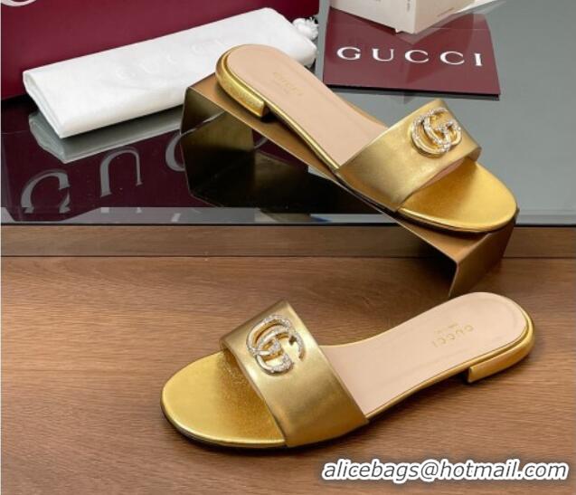 Good Looking Gucci Leather Flat Slides Sandal with Strass Double G Gold 2025 GG042301