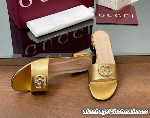 Good Looking Gucci Leather Flat Slides Sandal with Strass Double G Gold 2025 GG042301