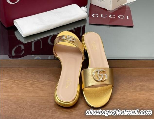 Good Looking Gucci Leather Flat Slides Sandal with Strass Double G Gold 2025 GG042301