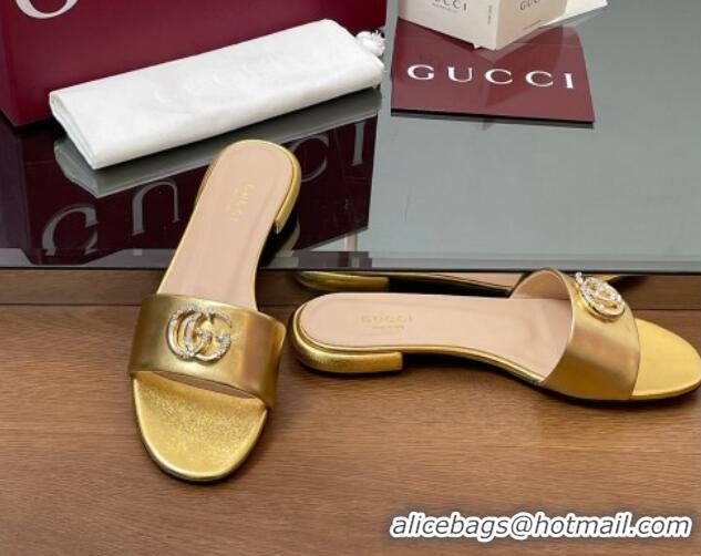 Good Looking Gucci Leather Flat Slides Sandal with Strass Double G Gold 2025 GG042301