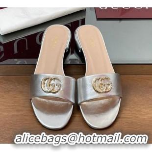 Good Quality Gucci Leather Flat Slides Sandal with Strass Double G Silver 2025 GG042301