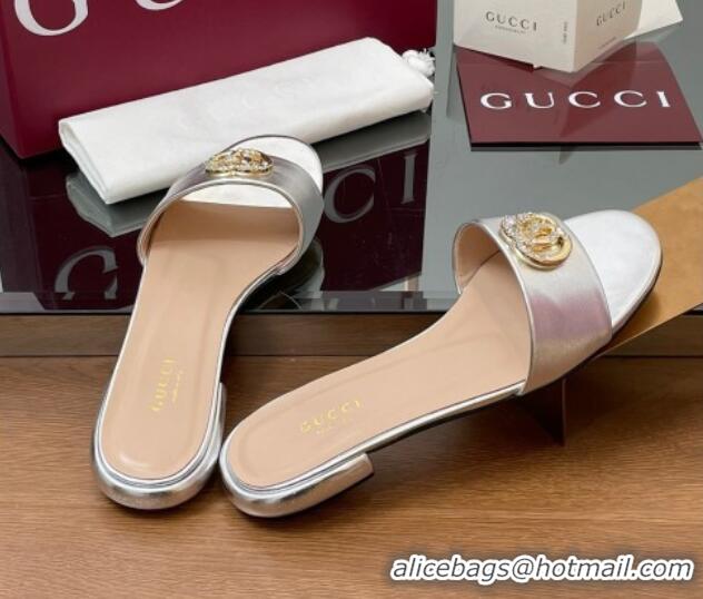 Good Quality Gucci Leather Flat Slides Sandal with Strass Double G Silver 2025 GG042301
