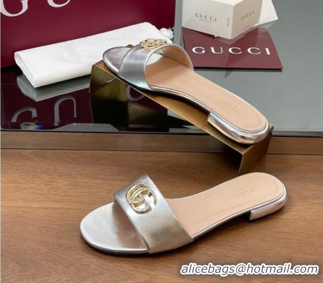 Good Quality Gucci Leather Flat Slides Sandal with Strass Double G Silver 2025 GG042301