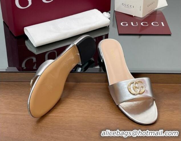 Good Quality Gucci Leather Flat Slides Sandal with Strass Double G Silver 2025 GG042301