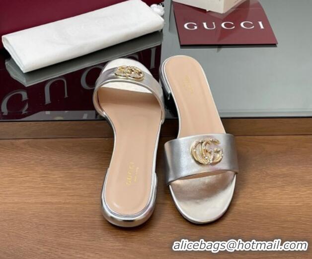Good Quality Gucci Leather Flat Slides Sandal with Strass Double G Silver 2025 GG042301