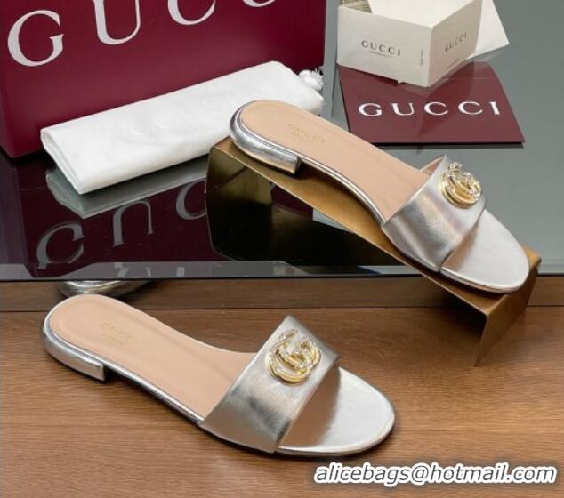 Good Quality Gucci Leather Flat Slides Sandal with Strass Double G Silver 2025 GG042301
