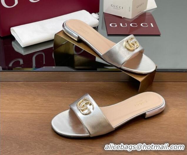 Good Quality Gucci Leather Flat Slides Sandal with Strass Double G Silver 2025 GG042301