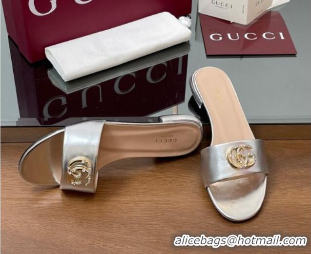 Good Quality Gucci Leather Flat Slides Sandal with Strass Double G Silver 2025 GG042301