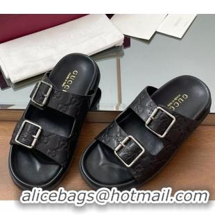 Low Cost Gucci GG Leather Flat Slides Sandal with Buckle Black 2025 GG042302