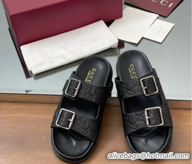 Low Cost Gucci GG Leather Flat Slides Sandal with Buckle Black 2025 GG042302