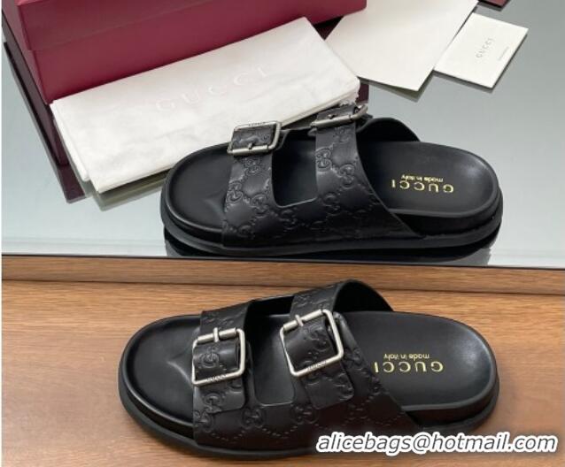 Low Cost Gucci GG Leather Flat Slides Sandal with Buckle Black 2025 GG042302