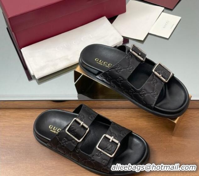 Low Cost Gucci GG Leather Flat Slides Sandal with Buckle Black 2025 GG042302
