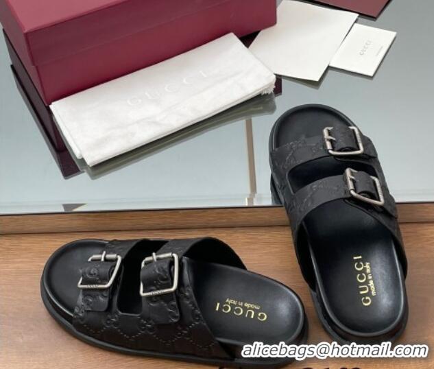Low Cost Gucci GG Leather Flat Slides Sandal with Buckle Black 2025 GG042302