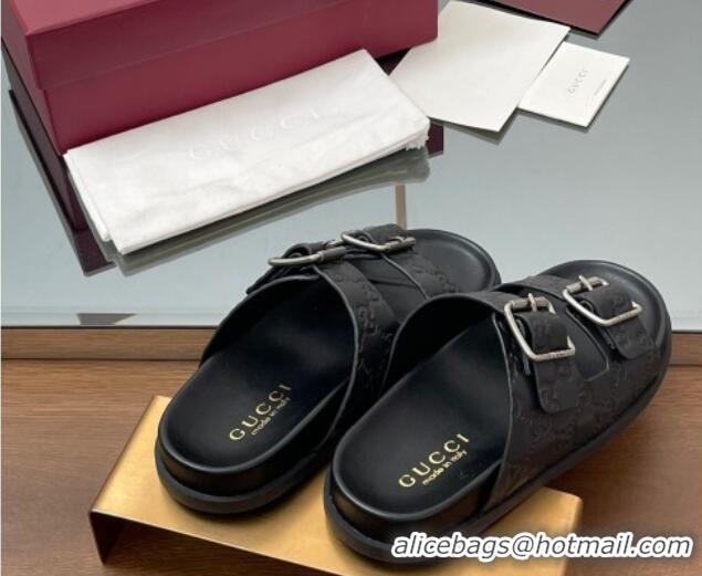 Low Cost Gucci GG Leather Flat Slides Sandal with Buckle Black 2025 GG042302