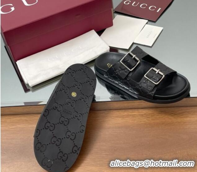 Low Cost Gucci GG Leather Flat Slides Sandal with Buckle Black 2025 GG042302
