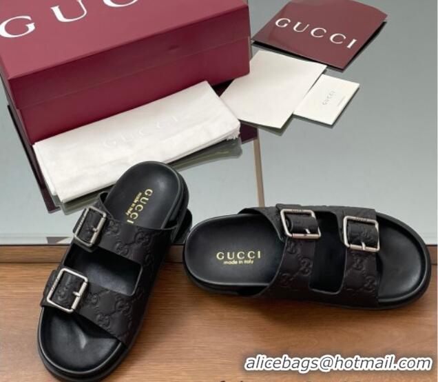 Low Cost Gucci GG Leather Flat Slides Sandal with Buckle Black 2025 GG042302