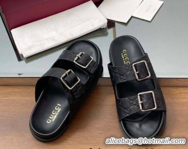 Low Cost Gucci GG Leather Flat Slides Sandal with Buckle Black 2025 GG042302