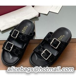 Good Product Gucci GG Suede Flat Slides Sandal with Buckle Black 2025 GG042302