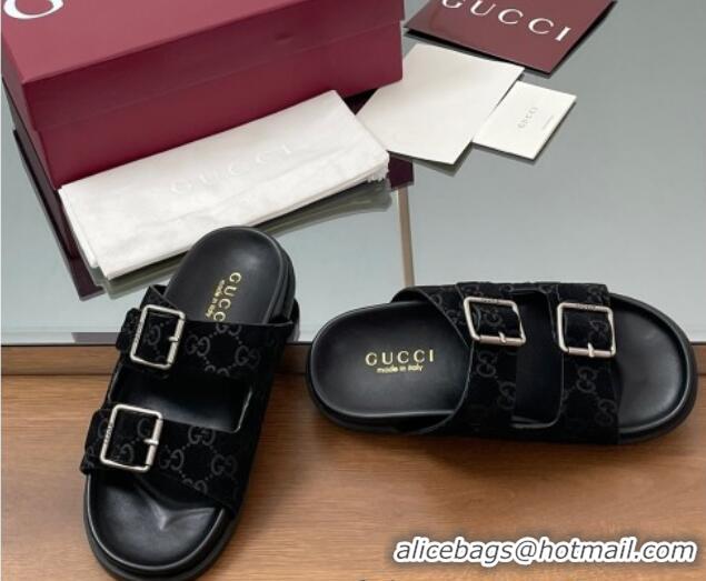 Good Product Gucci GG Suede Flat Slides Sandal with Buckle Black 2025 GG042302