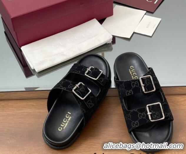 Good Product Gucci GG Suede Flat Slides Sandal with Buckle Black 2025 GG042302
