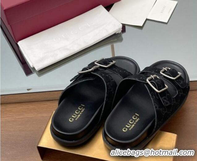Good Product Gucci GG Suede Flat Slides Sandal with Buckle Black 2025 GG042302