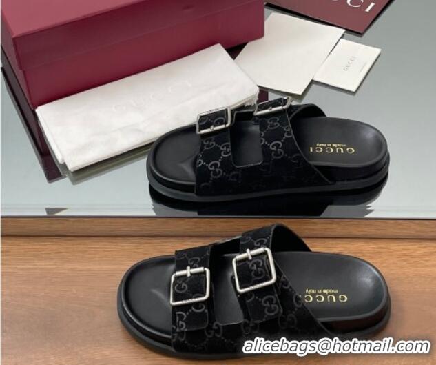 Good Product Gucci GG Suede Flat Slides Sandal with Buckle Black 2025 GG042302