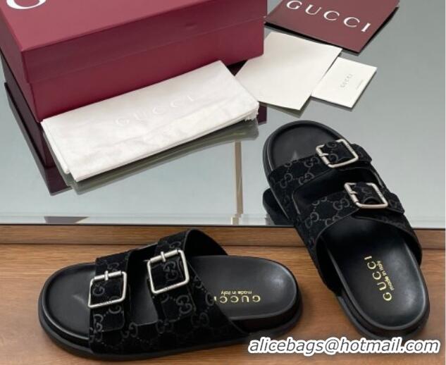Good Product Gucci GG Suede Flat Slides Sandal with Buckle Black 2025 GG042302