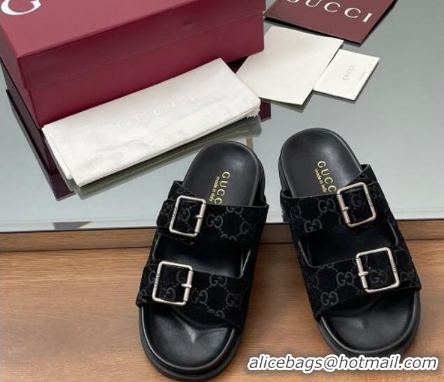 Good Product Gucci GG Suede Flat Slides Sandal with Buckle Black 2025 GG042302