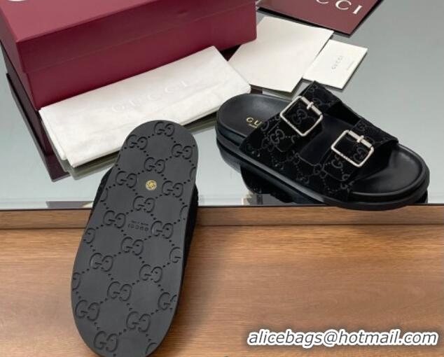 Good Product Gucci GG Suede Flat Slides Sandal with Buckle Black 2025 GG042302