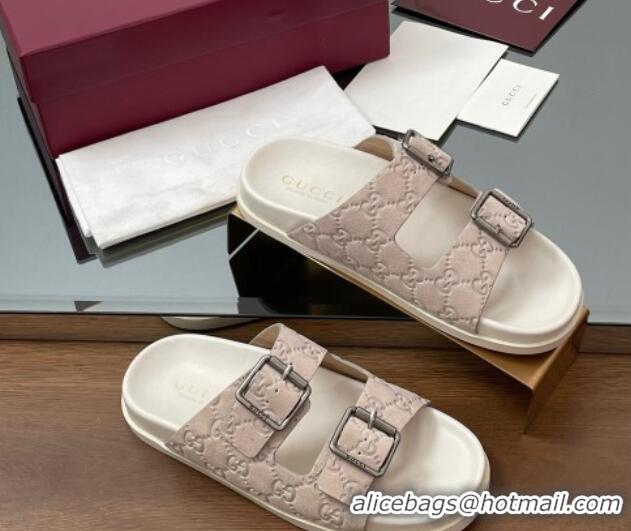 Grade Quality Gucci GG Suede Flat Slides Sandal with Buckle Grey 2025 GG042302