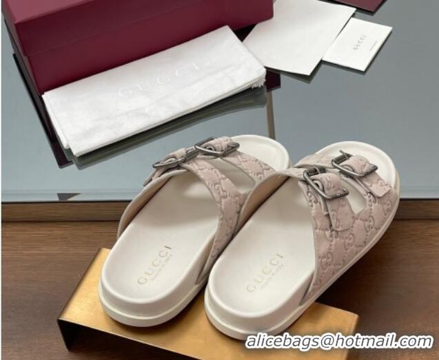 Grade Quality Gucci GG Suede Flat Slides Sandal with Buckle Grey 2025 GG042302