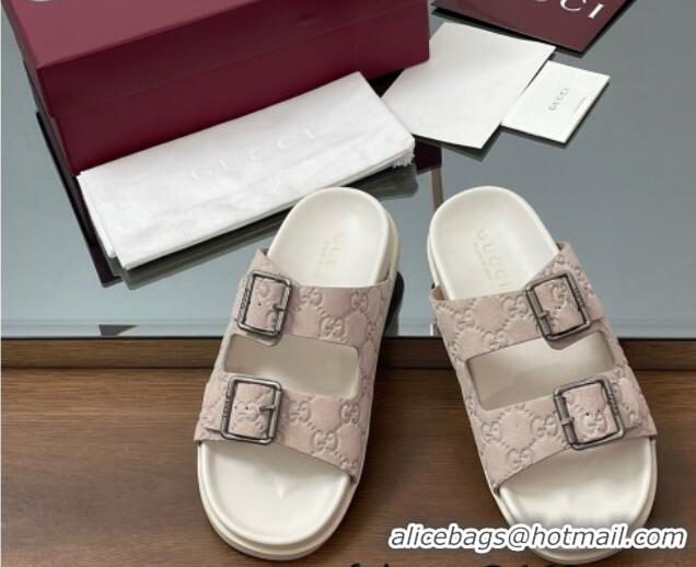 Grade Quality Gucci GG Suede Flat Slides Sandal with Buckle Grey 2025 GG042302