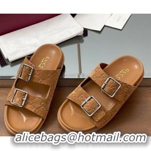 est Grade Gucci GG Suede Flat Slides Sandal with Buckle Brown 2025 GG042302 