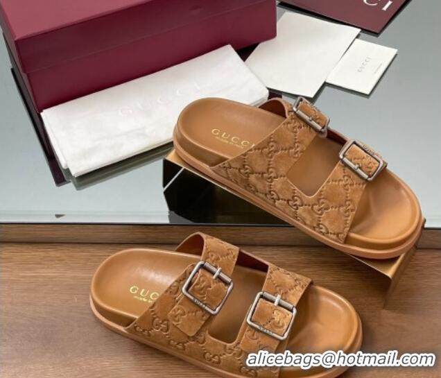 est Grade Gucci GG Suede Flat Slides Sandal with Buckle Brown 2025 GG042302 