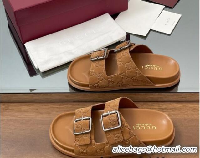 est Grade Gucci GG Suede Flat Slides Sandal with Buckle Brown 2025 GG042302 