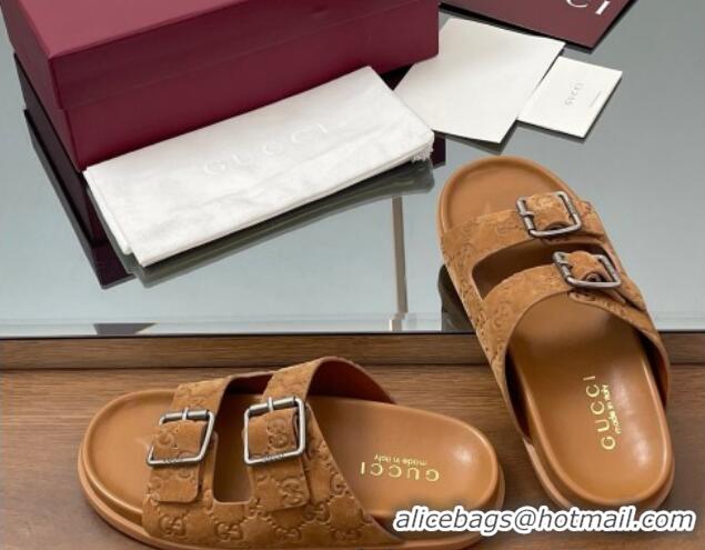 est Grade Gucci GG Suede Flat Slides Sandal with Buckle Brown 2025 GG042302 