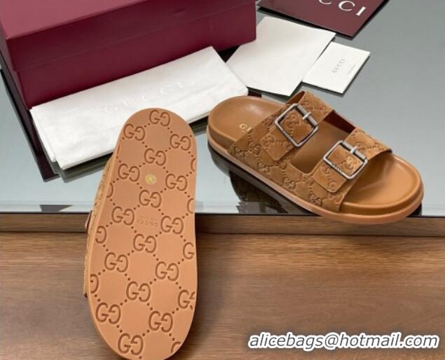 est Grade Gucci GG Suede Flat Slides Sandal with Buckle Brown 2025 GG042302 