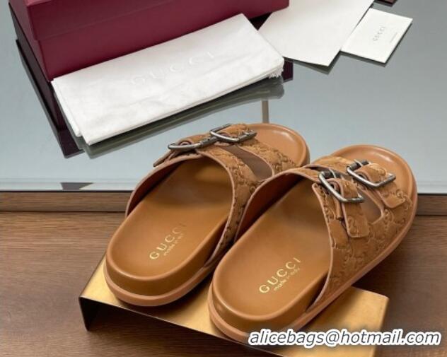est Grade Gucci GG Suede Flat Slides Sandal with Buckle Brown 2025 GG042302 