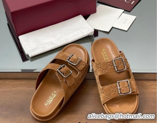 est Grade Gucci GG Suede Flat Slides Sandal with Buckle Brown 2025 GG042302 